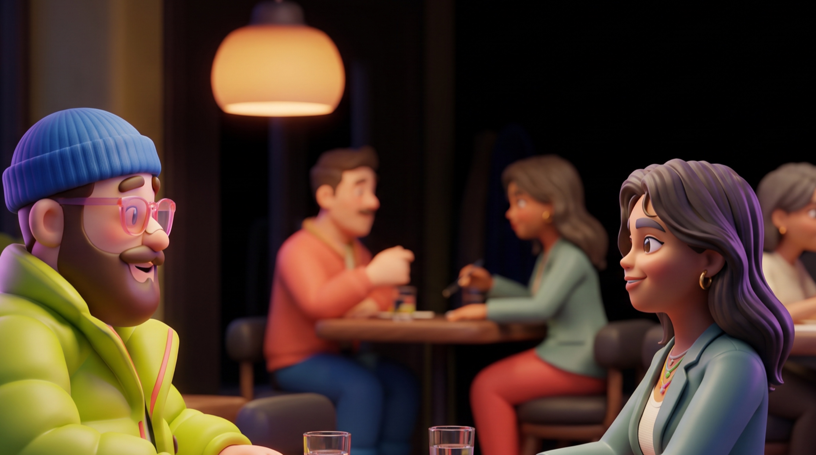 Theo and Elena talking across a table in a lively evening bistro